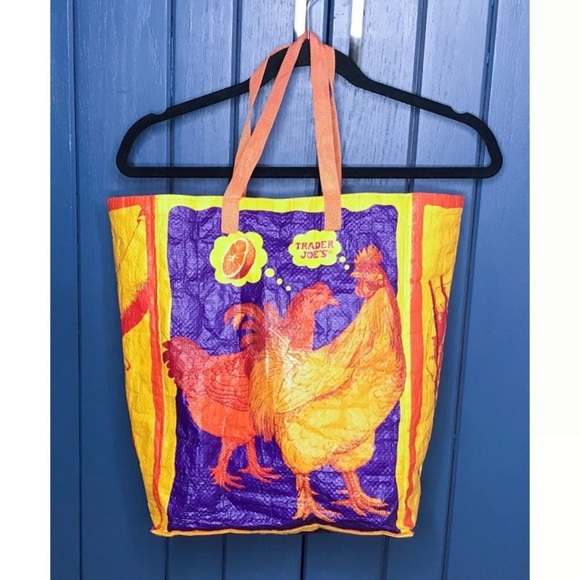 Trader Joes Orange Chicken Reusable Shopping Bag Lady Riding Hen USED READ Rare - Picture 3 of 8